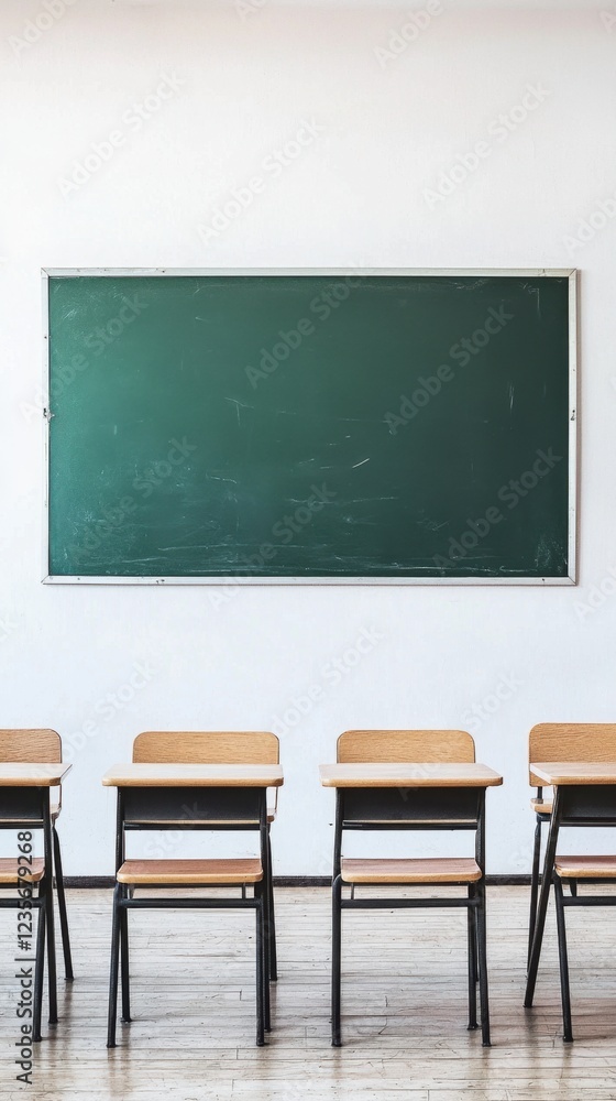 Poster minimalist classroom setting with empty desks and black chalkboard