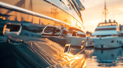 Luxury Yacht Detail at Sunset with Second Vessel in Background