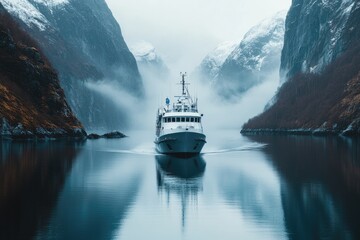 Expedition yacht sailing in norwegian fjord with snowy mountains in background