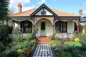 Fototapeta premium Charming victorian house with checkered pathway and lush garden