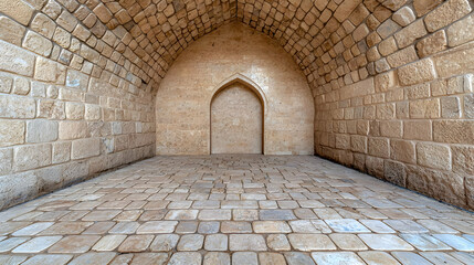 Ancient stone arched chamber, interior view, cobblestone floor, historical site