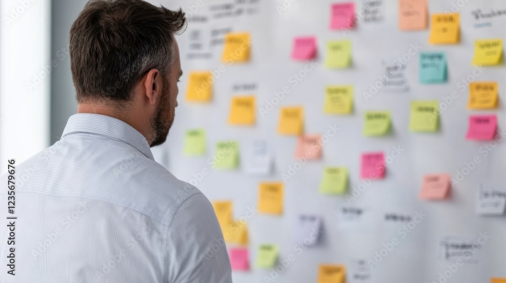Poster a man observes a wall covered in colorful sticky notes, likely brainstorming ideas or organizing tas