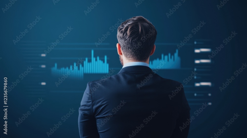 Poster a businessman analyzes data displayed on a digital screen, showcasing graphs and statistics against 