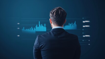 A businessman analyzes data displayed on a digital screen, showcasing graphs and statistics against a blue background.