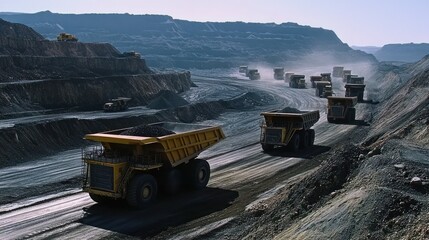 A fleet of dump trucks transporting materials in a mining site.