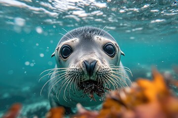 Fototapeta premium Curious seal pup swimming underwater in turquoise water
