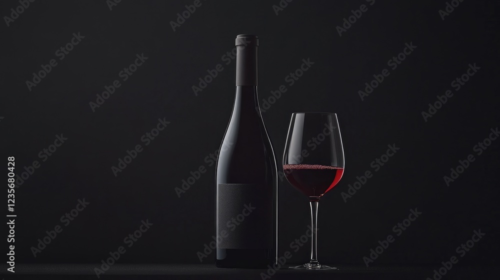 Poster a red wine bottle and glass against a black background, emphasizing the luxury and refinement of the