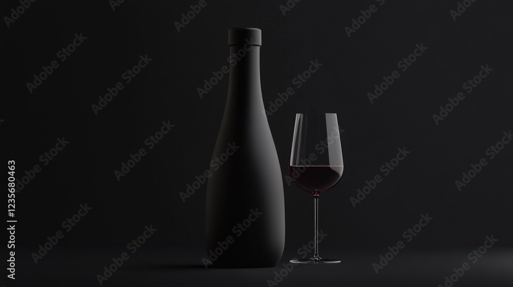 Poster a red wine bottle and glass against a black background, emphasizing the luxury and refinement of the