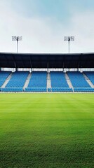 Fototapeta premium Empty Stadium View with Blue Seats and Green Grass Field Landscape