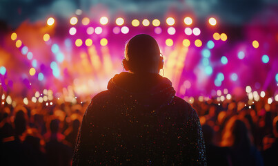 A silhouetted figure at a vibrant concert with colorful lights and an enthusiastic crowd.