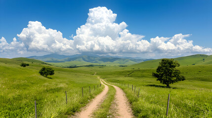 Obraz premium Country road through green hills, sunny day