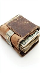 Vintage Leather Wallet with Cash on a White Background