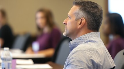 A man attentively listens during a meeting or seminar, with other participants in the background engaged in the discussion.