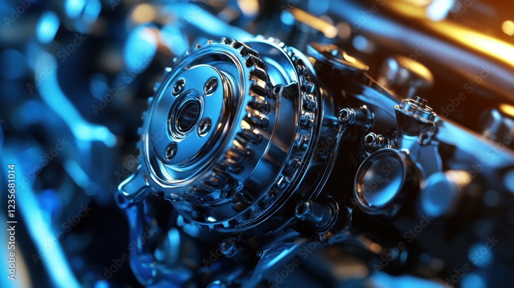 Poster metallic engine component with detailed texture and reflection