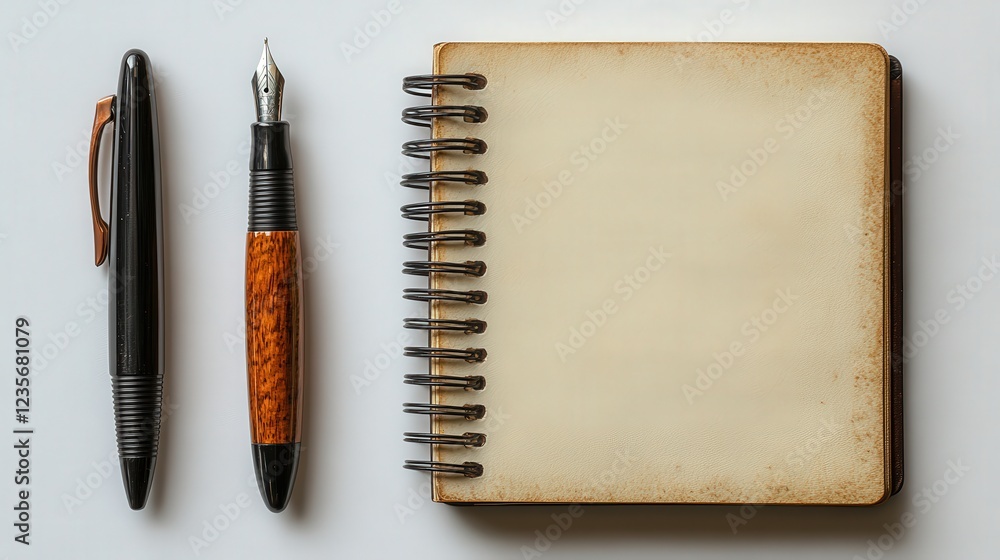 Poster a blank notebook with a spiral binding and two pens placed beside it on a clean surface