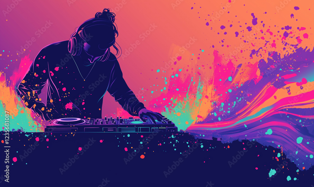 Poster vibrant dj mixing music with colorful abstract splashes in a dynamic atmosphere.