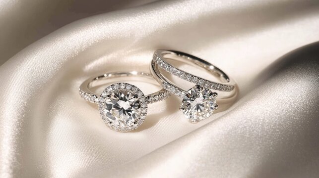 A romantic close-up of two engagement rings with diamonds, arranged on a white silk cloth, softly illuminated to showcase their brilliance