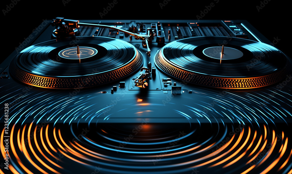 Poster close-up of a dj turntable with glowing lights and sound wave patterns.