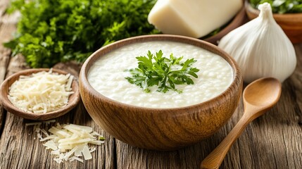 Creamy garlic risotto bowl, wood table, cheese, parsley