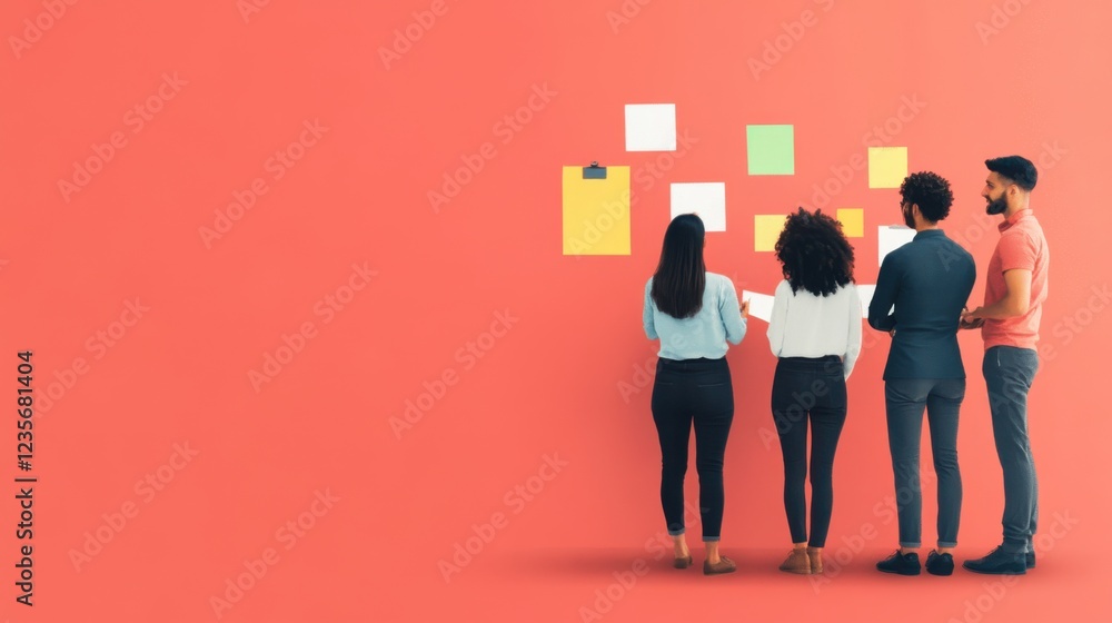 Poster a group of diverse individuals collaborates in front of a wall covered with colorful sticky notes, e