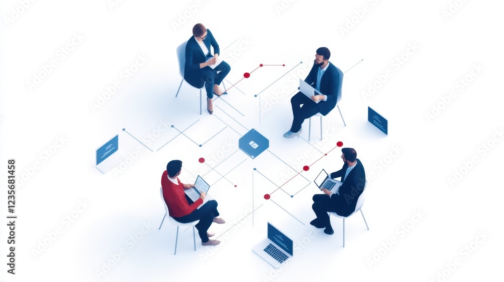 Poster a group of professionals collaborate, connected by digital networks, utilizing laptops in a modern w