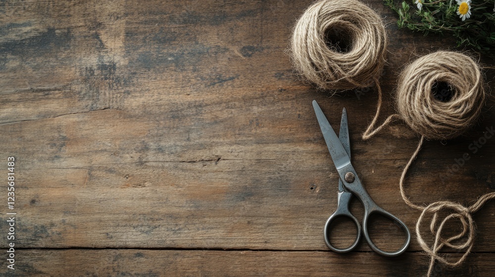Poster A simple yet elegant arrangement of scissors and twine on textured wood, with soft natural lighting providing a warm and inviting atmosphere