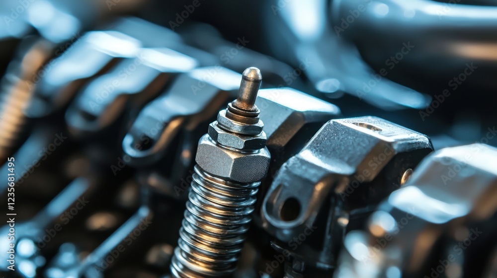 Poster close-up of engine components with spark plug in automotive setting