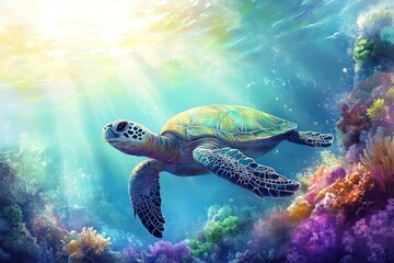 Obraz premium A sea turtle swimming gracefully over coral with sunlight filtering through the water.