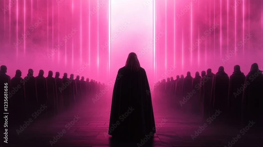 Poster a shadowy figure stands before a glowing portal, surrounded by a crowd in dark cloaks, creating a my