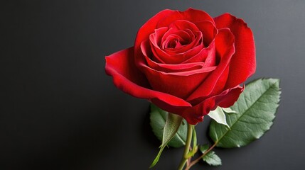 A single red rose, its intricate thorny stem visible, set against a sleek black background to highlight its elegance and depth