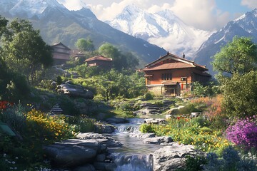 Naklejka premium A serene mountain landscape featuring a traditional house, flowing stream, and vibrant flowers.
