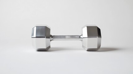 A single steel dumbbell on a white background, focusing on its sleek, contemporary design and solid construction, perfect for fitness and wellness photography