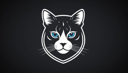 Obraz premium Stylish Black and White Cat Head Logo Design with Vibrant Blue Eyes, Perfect for Pet Shops or Veterinary Clinics