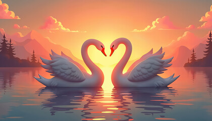 Naklejka premium Two swans making a heart shape, Sunset landscape, Generative AI Digital Illustration
