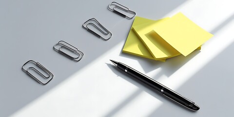 Professional desk setup with sticky notes, a pen, and paper clips, representing workplace organization, efficient workflow, and essential office supplies for creativity, scheduling, and planning.
