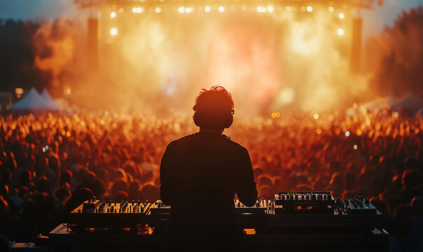 Dj performance at outdoor music festival vibrant crowd electronic dance music nighttime live concert experience