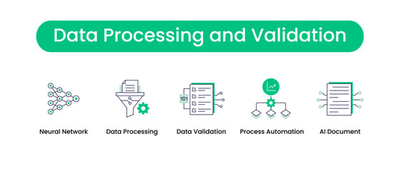 Data Processing and Validation. Icons included: Data Processing, Data Validation, Neural Network, Process Automation, AI Document.