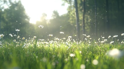 Obraz premium White wildflowers bloom in a lush green grassy meadow during a bright sunny morning with soft light filtering through the forest trees.