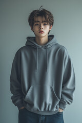 Fototapeta premium Teenage Boy in Grey Hoodie Posing in Minimalist Korean Studio