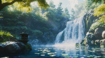 Serene Waterfall Garden, Sunlight, Tranquil Pond, Zen Peace, Nature Background