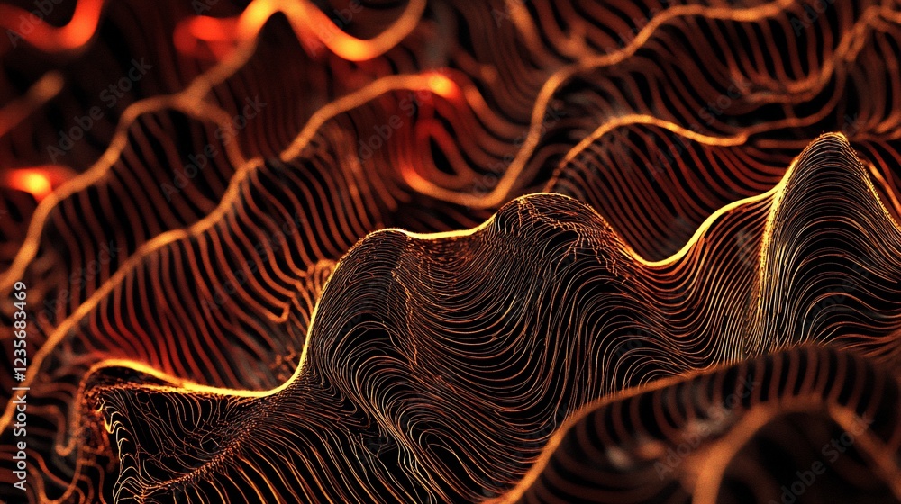 Poster abstract glowing lines on dark background, creating a textured surface with depth