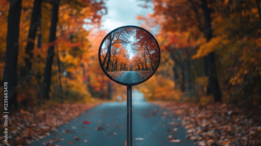 Poster a spherical mirror mounted on a pole reflects a peaceful autumn road, surrounded by trees with color