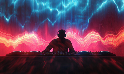 Dynamic dj performance nightclub digital art vibrant atmosphere dramatic viewpoint dance music experience