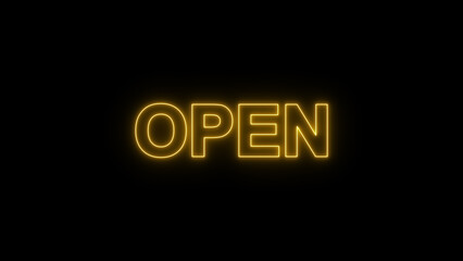 Open icon on black background. Glowing Open sign.