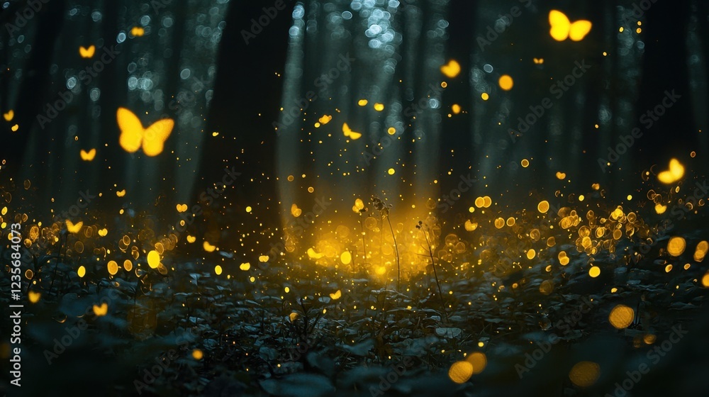 Poster enchanted forest scene with glowing butterfly lights and bokeh effect