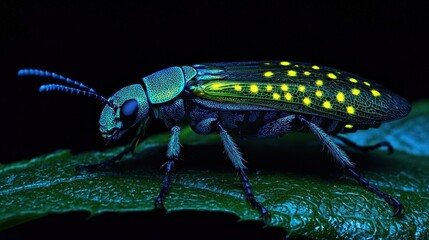 Naklejka premium Vibrant Beetle with Glowing Spots on Leaf in Dark Environment
