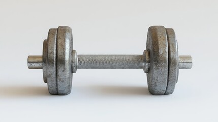Fototapeta premium A steel dumbbell placed on a pristine white background, showcasing its sturdy build and modern design, ideal for strength training and fitness-related visuals