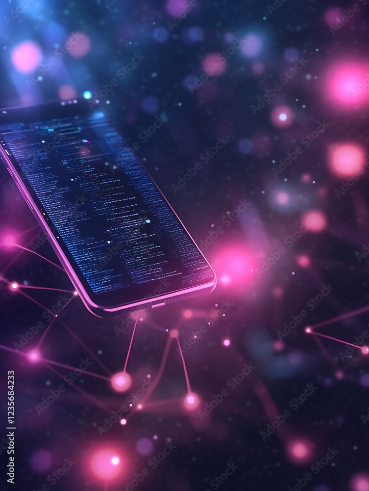Poster conceptual illustration showcasing mobile app development processes and creativity.
