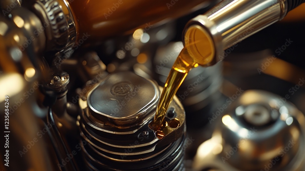Poster a step-by-step view of refueling a motorbike engine, showing the careful pouring of oil into the eng