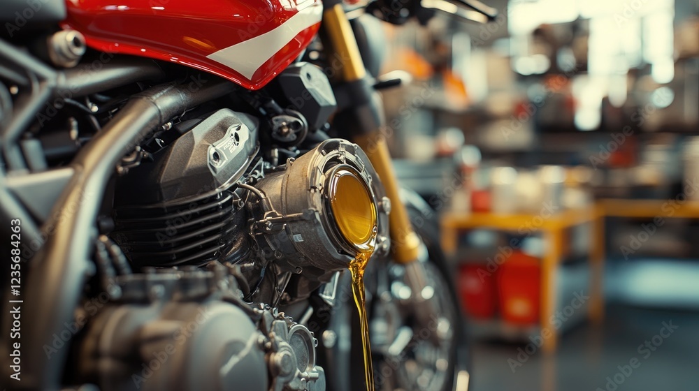 Poster a step-by-step view of refueling a motorbike engine, showing the careful pouring of oil into the eng